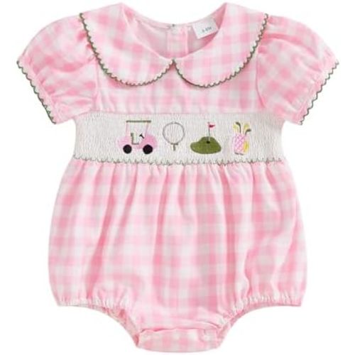 Newborn Baby Girl Golf Outfit Summer Doll Collar Bubble Short Sleeve Golfing Theme Embroidery Smocked Plaid Romper Bodysuit