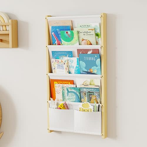 Wood 4-Tier Wall Mounted Kids Bookshelf – Floating Book Shelf For Kids Rooms,Nursery & Classroom, Hanging Bookcase Organizer For Books, Toddler Book Shelf, Montessori Bookshelf, Nursery Shelves