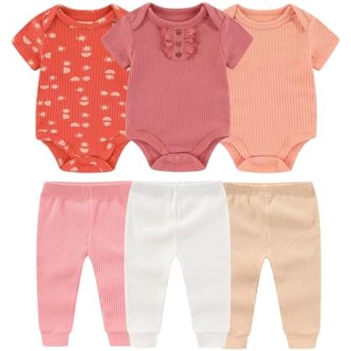 Baby Bodysuit and Pant Set 6-pcs Ribbed Soft Infant Boy Girl Clothes Outfits
