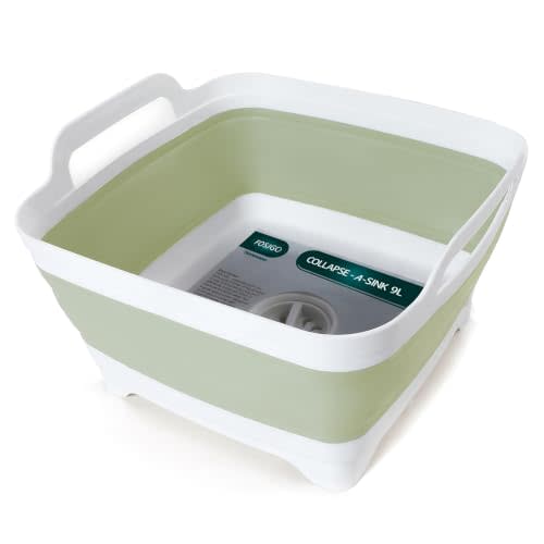FOSJGO Collapsible Dish Basin with Drain Plug, 2.4 Gal (9L) Space-Saving Foldable Sink, Wash Basin for Kitchen, Baby Bottles, Vegetable Washing, Camping, RV and Party Beverage Tubs (Light Green)