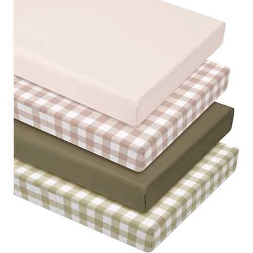 VitalCozy 4 Pcs Checkered Khaki Crib Sheet Set Newborn Bedding Nursery Baby Sheets for Girl Boys Baby Gifts for Standard Crib and Toddler Mattresses, 52 x 28 x 8 Inches