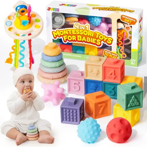 JOYIN Baby Toys - Montessori Toys for Babies 0-3-6-12 Months, Food-Grade Sensory Toys, Infant Stacking Circles Teether, Blocks, 3D Stress Balls, Pull String, Learning Gifts for Baby Girls Boys
