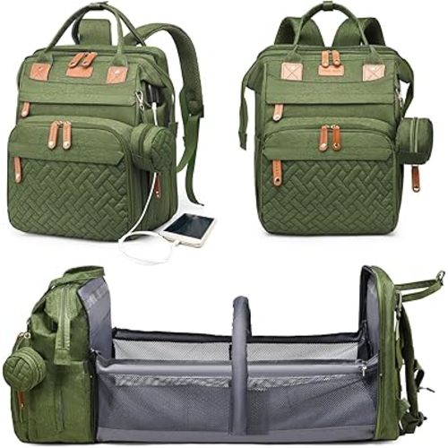 Baby Diaper Bags with Changing Station, Waterproof Diaper Bag Backpack for Moms Dads with USB Charging Port, Baby Shower Gifts, Large Capacity diaper backpack, Green
