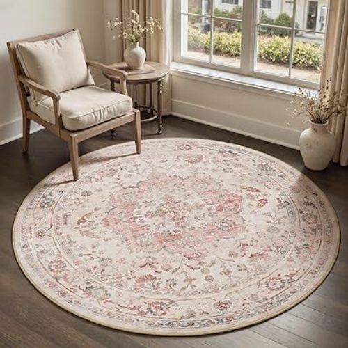 PADOOR-Vintage 6FT Round Rug-Rugs for Living Room-Soft Pink Circle Rug-Machine Washable Rugs for Bedroom-Non Slip Carpet-Rug for Dining Room Living Room Bedside Office