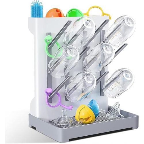 Baby Bottle Drying Rack: Vertical Space Saving Large Bottles Holder - Standing Boon Dryer Rack Baby Accessory - Countertop Holds Up to 12 Bottles & Pump Part Cleaning & Cup (Gray)