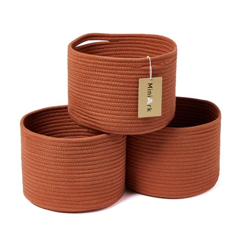 MiniArk Small Basket for Organizing | Cube Shelf Closet Storage Baskets | 9.7×9.7×7.1” | Woven Rope Gift Basket | Nursery | Round 3 Packs Oxide Red