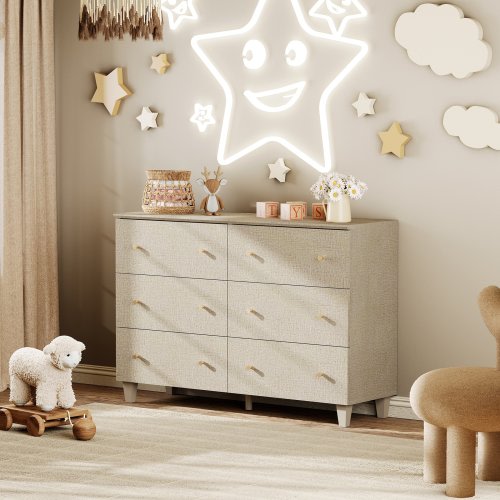 Wood Dresser with 6 Drawers for Bedroom, Closet, Nursery