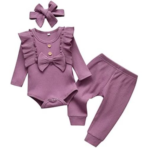 Kulcerry Newborn Infant Baby Girl Clothes Solid Color Ribbed Long Sleeve Romper Pants Headband Outfits Set