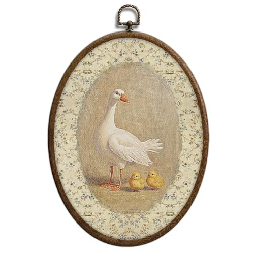 Vintage Duck Oval Wall Art, Cute Animals Nursery Mother Duck Oval Framed Wall Art, Waterproof Cottage Core Home Decor for Western Farmhouse Bedroom Living Room, Home Retro Decor Products, 14