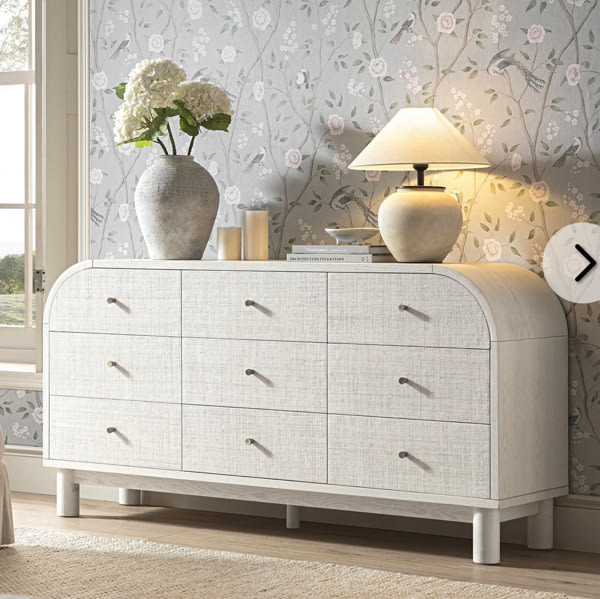 Maude 9 Drawer Dresser, Washed White Ash with Raffia