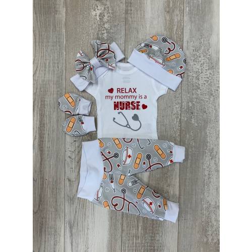 Baby Girl Nurse Mommy Coming Home Outfit, Baby Shower Gift, Nurse Medical Baby Girl Set, Relax My Mommy is a Nurse