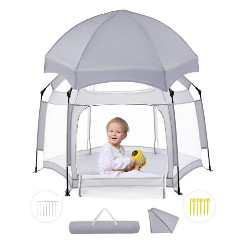 Babelio Pop up Baby Tent, Travel Playpen for Babies， Indoor and Outdoor, Portable/Foldable Play Yard W/Canopy, Travel/Nap, Sun Protection, One-Touch Storage- Light Grey