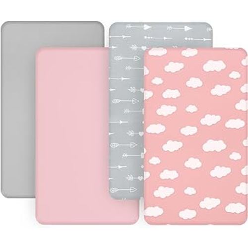 4-Pack Fitted Pack and Play Sheets for Boys and Girls - Breathable, Soft Microfiber Baby Sheets in Grey and Pink