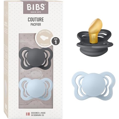 BIBS Pacifiers - Couture Collection | BPA-Free Anatomical Nipple | Natural Rubber Latex | Made in Denmark | Set of 2 Iron/Baby Blue Color Premium Soothers | Size 0-6 Months
