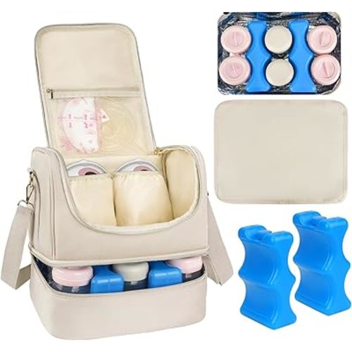 Wearable Breast Pump Bag with Cooler Compartment Fits for Willow/Elvie/Momcozy M5/S12 Pro/Medela, Breast Milk Travel Tote Bag with Ice Pack & Waterproof Mat,Apricot