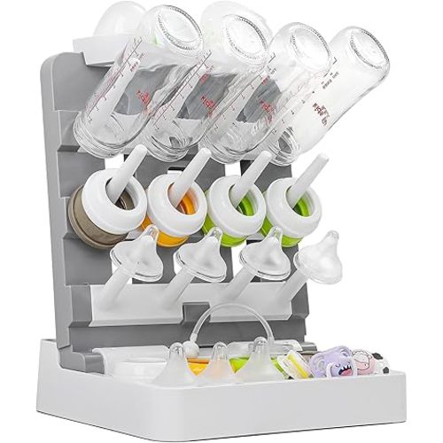 Baby Bottle Drying Rack, Vertical Standing Bottle Drying Rack Holder-Space Saving Baby Bottle Organizer for Countertop-Holds Up to 12 Baby Bottles & Pump Parts (White & Dark Gray)