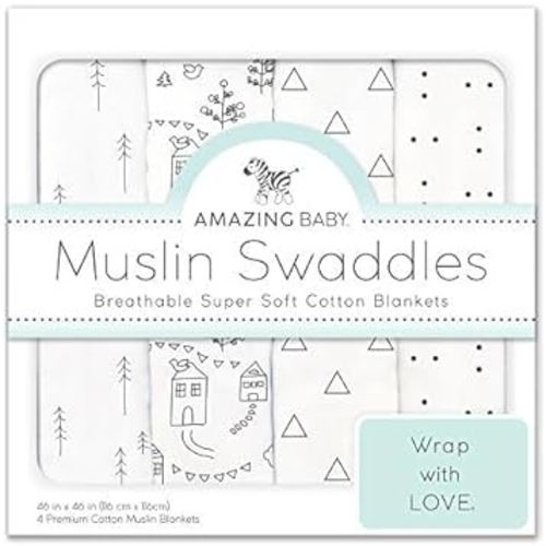 Amazing Baby Muslin Swaddle Blanket for Baby Boy & Girl, Receiving Blanket for Newborn, 100% Cotton Swaddle Wrap, Baby Registry & Gift, XLarge 46 x 46 inches, Set of 4, Little Village and Trees, Black