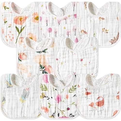 GROBRO7 8Pcs Muslin Baby Bibs Soft Cotton Drool Bib Absorbent Breathable Machine Washable Feeding Bibs for Unisex Newborn