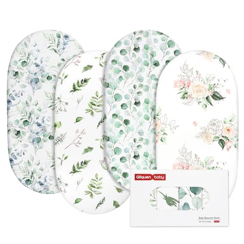 Gllquen Baby Bassinet Sheets 4 Pack, Breathable Cozy Fitted Mattress Sheet, Elastic Travel Crib Fashionable Floral Pattern, Standard Cradle Safe Sheets for Baby Boy Girls 32"X16"(Greenery)
