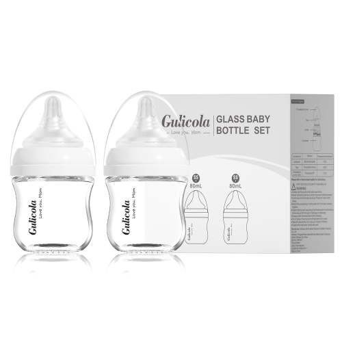 Natural Glass Baby Bottles Set 2 Pack, Newborn Boy Breastfeeding Bottles with Slow Flow Nipples, 0 Months+, 3 oz/5oz/8oz