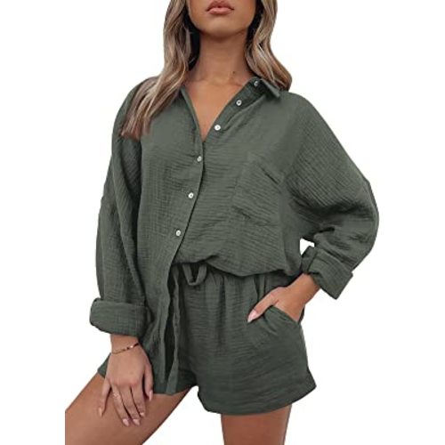 AUTOMET 2 Piece Outfits For Women Lounge Sets Pajama Sets Long Sleeve Button Down Oversized Shirts And Shorts Fall Tracksuit