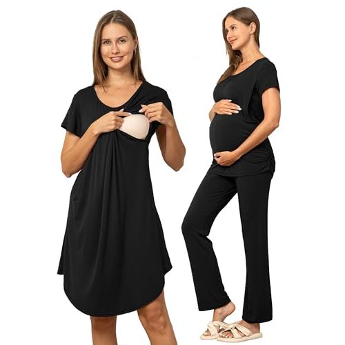 SUNNYBUY Women 3 PCS Maternity Nursing Nightgown Dress & Short Sleeve Breastfeeding Top & Pregnancy Pants Sleepwear Set