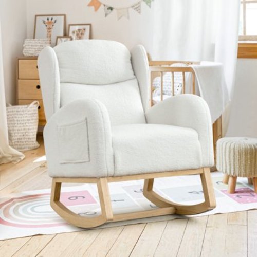 Muumblus Wingback Glider Rocking Chair for Baby Nursery, Wood Legs, Adults, Ivory Teddy