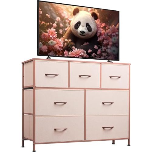 WLIVE 7 Drawer Dresser TV Stand, Entertainment Center, Media Console Table with Metal Frame and Wood Top for TV up to 45 inch, Chest of Drawers for Bedroom, Living Room, Pink