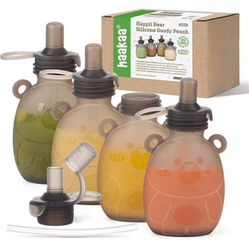 Haakaa Happii Bear Silicone Goody Pouch,Reusable Baby Food Pouches for Homemade Organic Purees, Juices, Smoothies, and Yogurt - Perfect for Toddlers and Kids - 4 Pack, 6oz