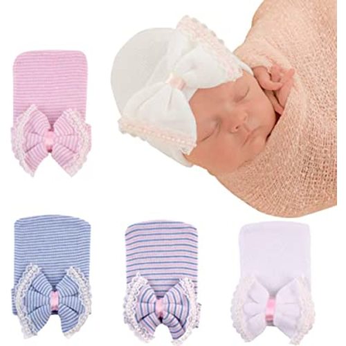 upeilxd Newborn Hospital Hat Infant Baby Hat Caps with Bow Soft Cute Nursery Beanie Hat