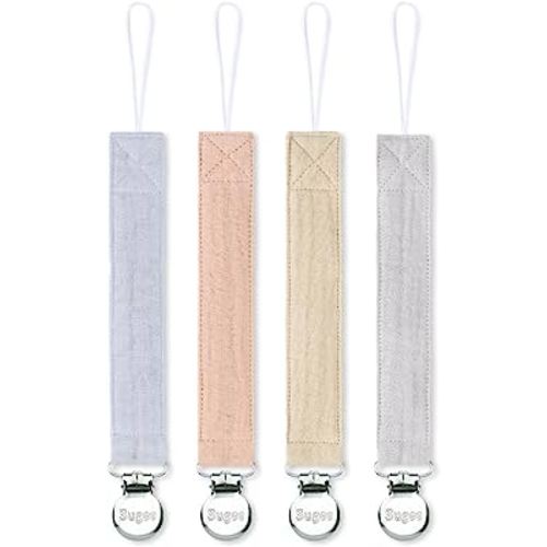 Pacifier Clip for Baby Boy and Girl - Linen Soft Fabric Pacifier Hold with Clip for Binky, Leash Soothie Holder Unisex 4 Pack (Blue)