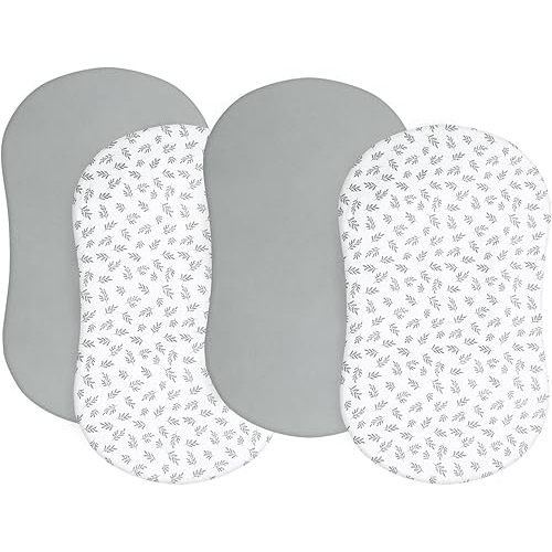 Bassinet Fitted Sheet(18" x 30"), 4 Pack Fit for Halo Bassinest Swivel & Flex Sleeper, Grey Leaf