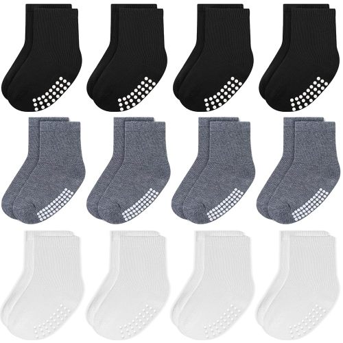 JAKIDAR 12 Pack Baby Toddler Socks Non Slip Grip Cotton Crew Socks for Boys Girls Infants Kids