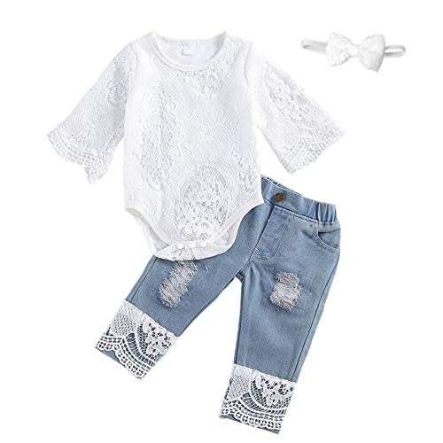 koramesis Baby Girl Clothes Set Lace Ruffle Romper Flare Denim Jean Pants and Headband 3Pcs Set Newborn Infant Outfits Set