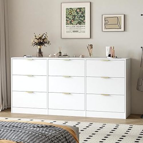 White 9 Drawer Dresser for Bedroom,Modern Large Deep Drawer Dresser with Gold Handle,Long Chest of Drawer,Bedroom Storage Organizer Furniture for Closet,Hallway