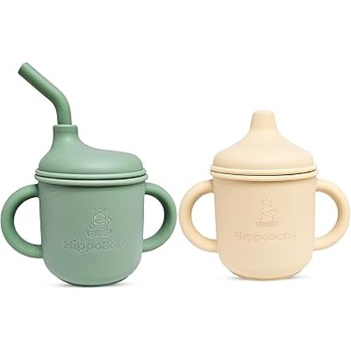 Silicone Transition Sippy Cup for 6+ month old | Includes 1 Toddler straw cup & 1 Baby Sippy Cup with Handles 5 oz | Perfect for Baby Led Weaning (Mint/Cream, 5 oz)