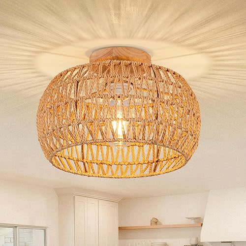 Boho Rattan Ceiling Light Fixture - Small Flush Mount Chandelier for Bedroom, Nursery, Kitchen, Farmhouse - Hand-Woven