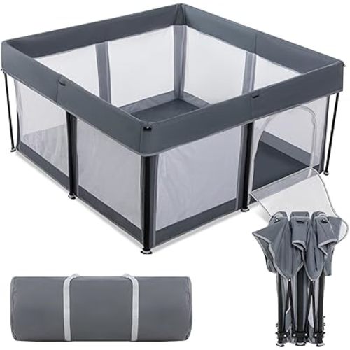 Foldable Baby Playpen - Large Collapsible Activity Center with Gate, Travel-Friendly Design (Grey, 50"×50")