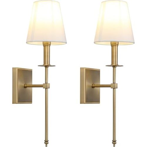 PERMO Set of 2 Classic Rustic Industrial Wall Sconce Lighting Fixture with Flared White Textile Lamp Shade and Antique Brass Tapered Column Stand, Hardwired, E26 Base