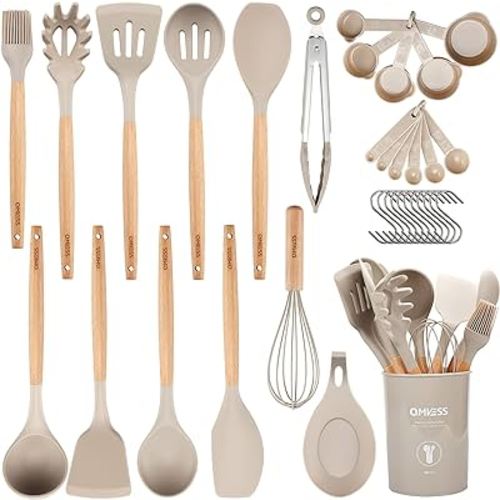 QMVESS Silicone Kitchen Utensils Set, 35 Pcs Non-Stick Cooking Utensils Set, Sturdy Insulation Wooden Handle Kitchen Accessories for Cooking with Spatula Set and Spoons Set Gadgets (Khaki)