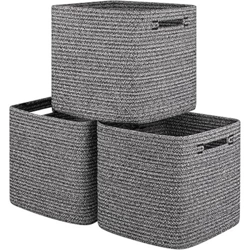 Storage Cube 3 Pack, Woven Rope Storage Baskets for Organizing, 11 * 11 Inches Shelf Basket|Cube Storage Bin|Square Baskets for Living Room, Baby Nursery Room-Black