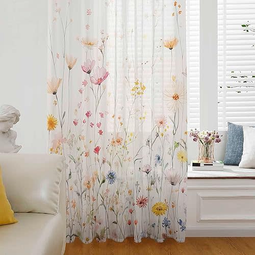 Botanical Flowers Sheer Curtains 84 Inch Length, Light Filtering Watercolor Wildflowers Voile Curtain Panel, Rod Pocket Farmhouse Drapes Florals Herbs Window Treatments for Living Room Bedroom 52"x84"