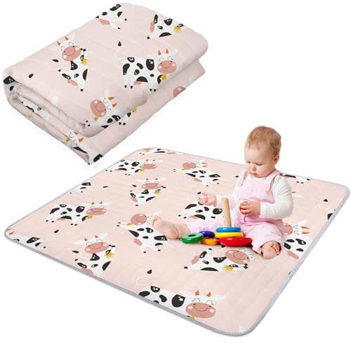 Funtery 43 x 43 Inch Boho Rainbow Baby Play Mat Portable Crawling Washable Foldable Tummy Time Non Slip Baby Floor Large Playpen Mat for Infants Toddlers Floor Playpen Activity(Cow)