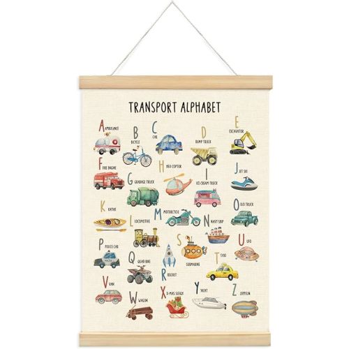 XYDEG Transport Alphabet Poster for Toddlers,ABC Posters for Toddlers,Educational Banner Poster Hanger Frame for Kids,Construction Decor for Boys Room Playroom Wall Art Decor with Wooden Frames,12x16