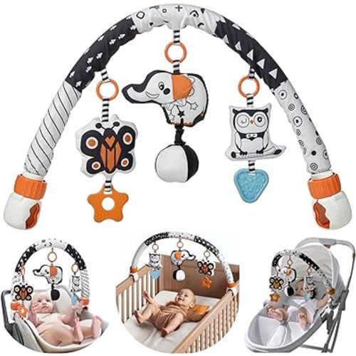 TUMAMA Car Seat Toys for Babies 0-6 Months, Stroller Toys for Infant 0-6 Months, Newborn Sensory Hanging Rattle Arch Toy with Butterfly Elephant Owls,Musical Toy for Baby 6-12 Months