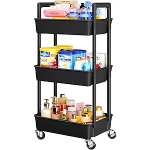 Pipishell 3 Tier Rolling Cart Organizer, Plastic Rolling Cart with Lockable Wheels & Reinforced Handle, Lightweight Utility Cart Storage Cart for Nursery, Kitchen, Bathroom, Craft Room, Black, PIUC14B