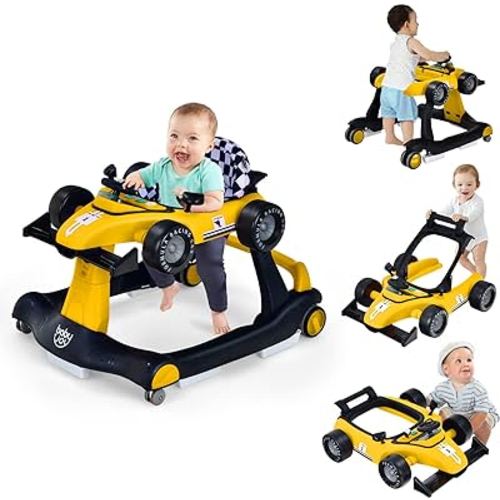 BABY JOY 4-in-1 Baby Walker, Foldable Activity Walker with Adjustable Height & Speed, Music, Lights, Anti-Rollover, Toddler Push Walker, Baby Walker with Wheels for Boys Girls 6-18 Months (Yellow)