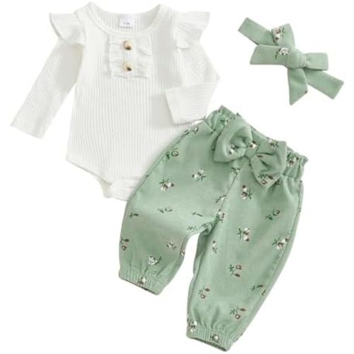 Newborn Baby Girl Clothes Cute Ribbed Romper Floral Pants Headband Infant 3pcs Set Fall Winter Outfits For Girls