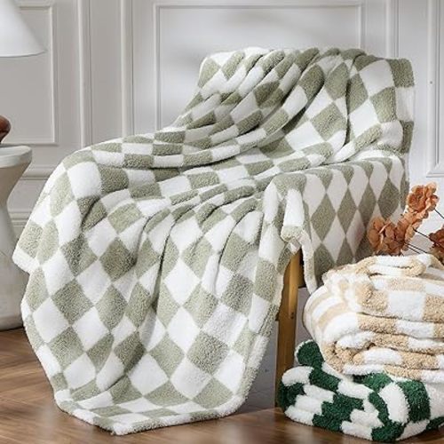 NEWCOSPLAY Knitted Sage Green White Checkered Blanket Super Soft Plush Throw for Couch Fuzzy Fluffy Microfiber Lightweight Blanket for Bed Sofa All Season Use (Sage Green White, Throw(50"x60"))