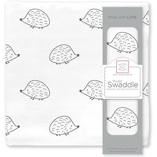 SwaddleDesigns Cotton Muslin Swaddle Blanket, Receiving Blanket for Boys & Girls, Best Shower Gift, 46x46 inches, Black Hedgehog